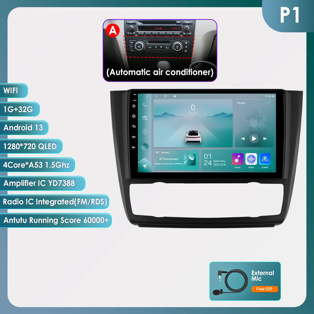 Hizpo 9inch 2Din Android13 Car Radio for BMW 1 Series E81 E82 E87 E88 AT MT Navigation GPS RDS DSP Android Auto CarPlay 360° CAM