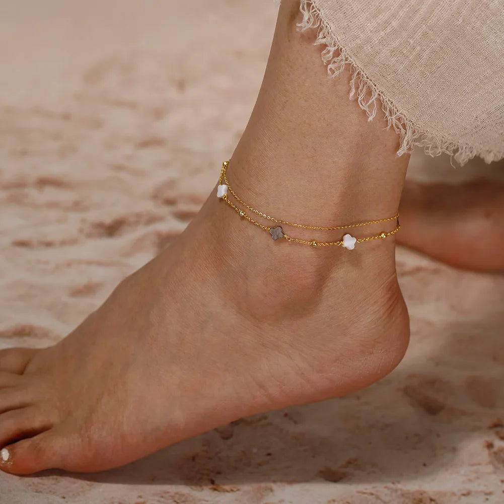 Rinntin Genuine 925 Sterling Silver Double Layer Clover Chain Anklet Lucky Clover Charm Anklets Bracelet Female Jewelry GMA02