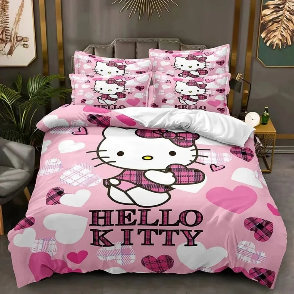 Sanrio Hello Kitty Cartoon Big Size Bedding Set Pink Cats Kawaii Duvet Cover For Girl Kids Single Decor Home Bedclothes Custom