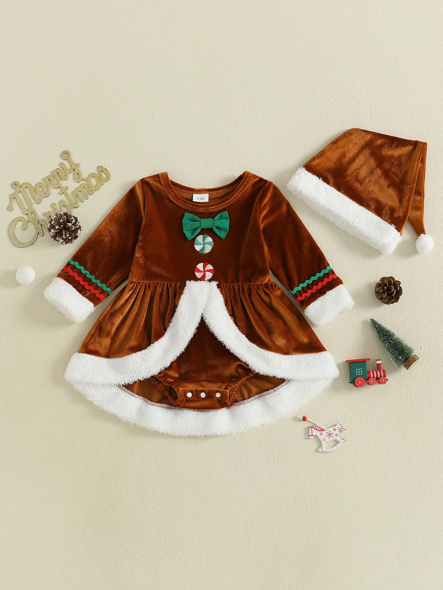 Baby Girl Christmas Outfit Plush Long Sleeve Romper Dress Hat Santa Costume 2 Piece Set