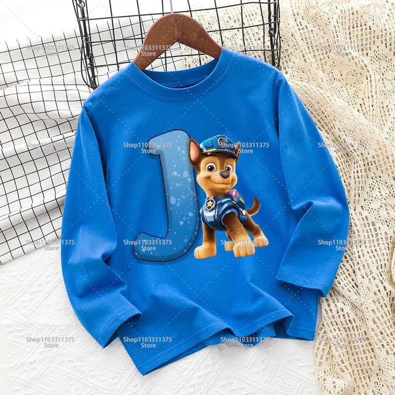 Cute PAW Patrol T-shirt Letter A-Z Print Top Long Sleeve Fashion Summer Boys Clothes Cartoon Kids Birthday Gift Outdoor Wear Tee