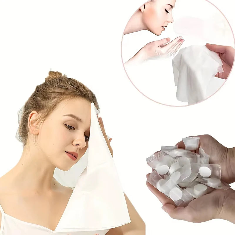 50 قطعة مناشف مضغوطة محمولة للاستخدام مرة واحدة لتنظيف الوجه ومناديل ناعمة مضغوطة لتنظيف اليدين ومناديل مكياج غير منسوجة