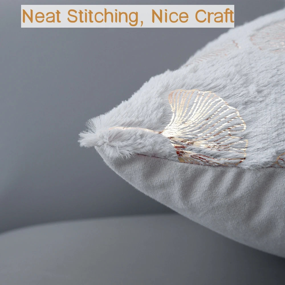 Golden Printed Ginkgo Leaf Pillow Cover 45*45cm 30*50cm Decorative Pillowcase for Living Room Luxury Plush Fur Cushion Covers