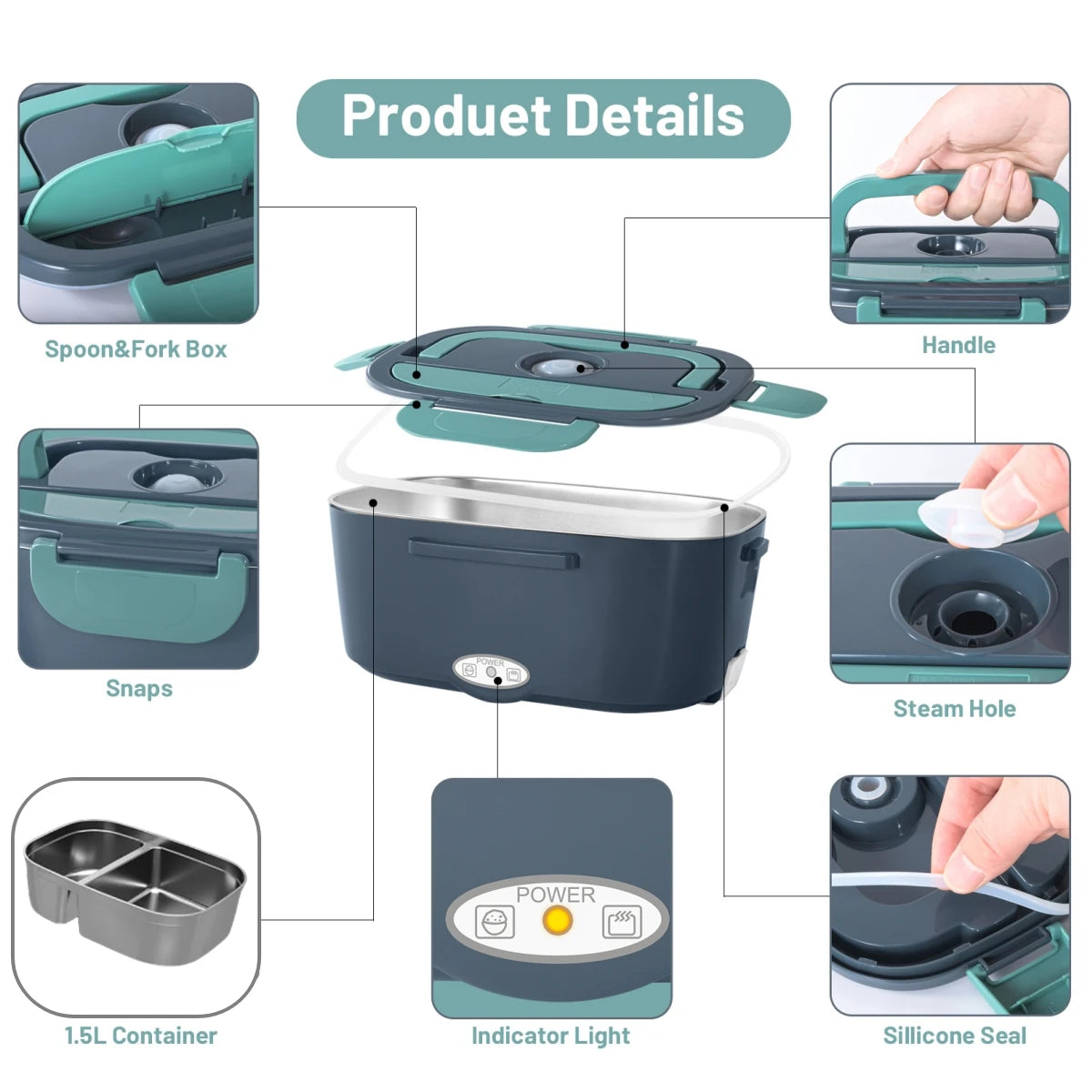 Electric Lunch Box for Adults-60W Fast HeatedLunch Box for Men&Women with Dual 1.5LStainless Steel Containers Fast Heating Porta