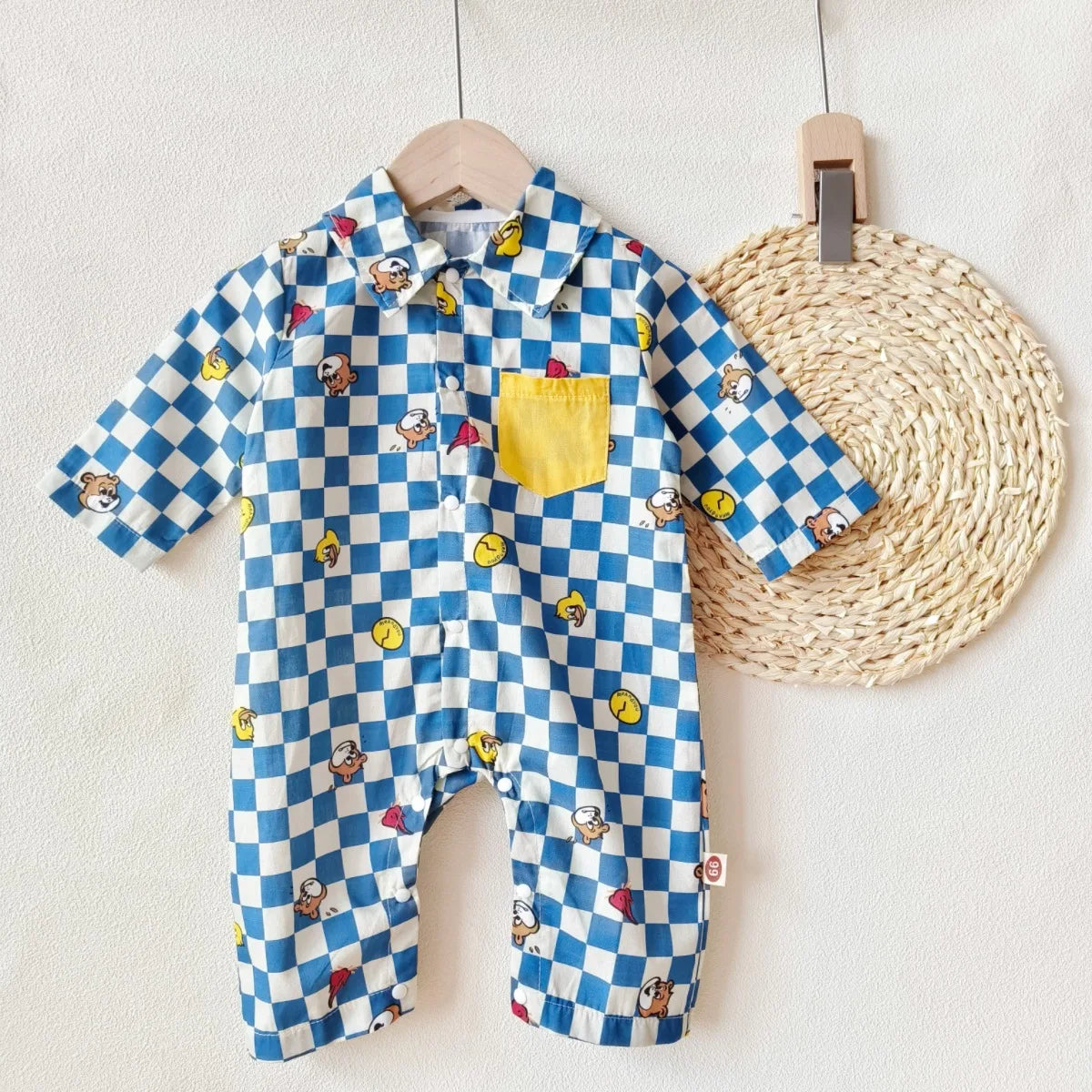 2024 Spring/Autumn New Infant Toddler Pure Cotton Grid Cartoon Printed Long Sleeve Single-Breasted Buttoned Romper