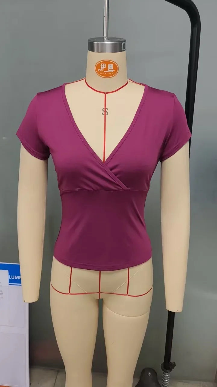 2025 Summer Women T-shirts V-neck Slim Fit Short Sleeve Solid Color Casual Top Ladies Clothing Female Fashion Trendy Pro Choice
