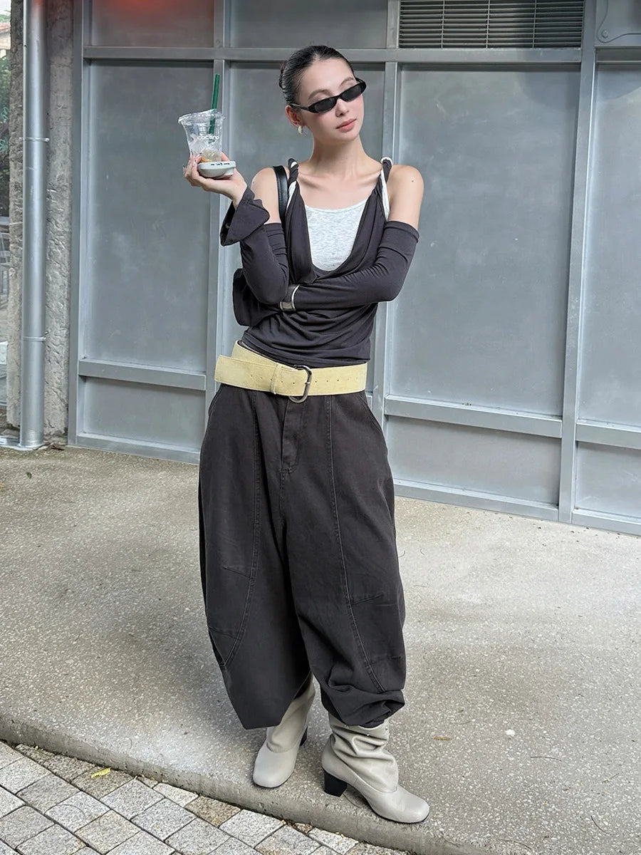 DEAT Fashion Splicing Silhouette Curved Jeans Women's High Waist Loose Wide Leg Denim Pants Autumn New 7A1005