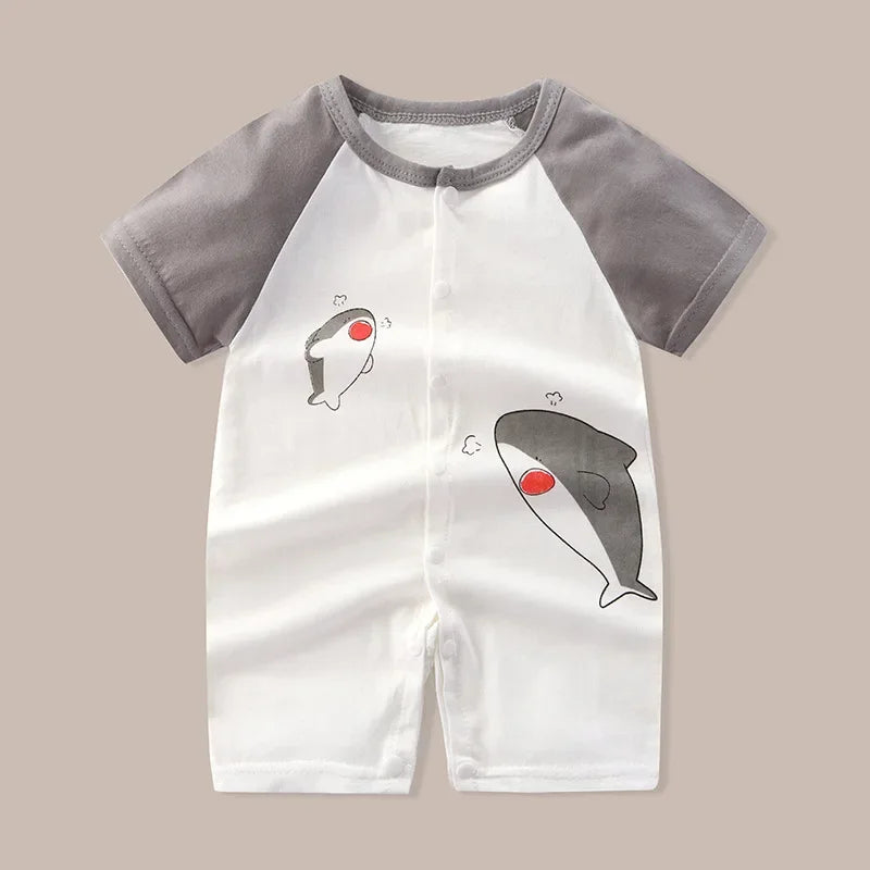 Summer Newborn Clothes Cute Cartoon Dinosaur Tiger Shark Lion Print Comfortable Baby Boys Girl 0-18Month Short Sleeved Jumpsuit