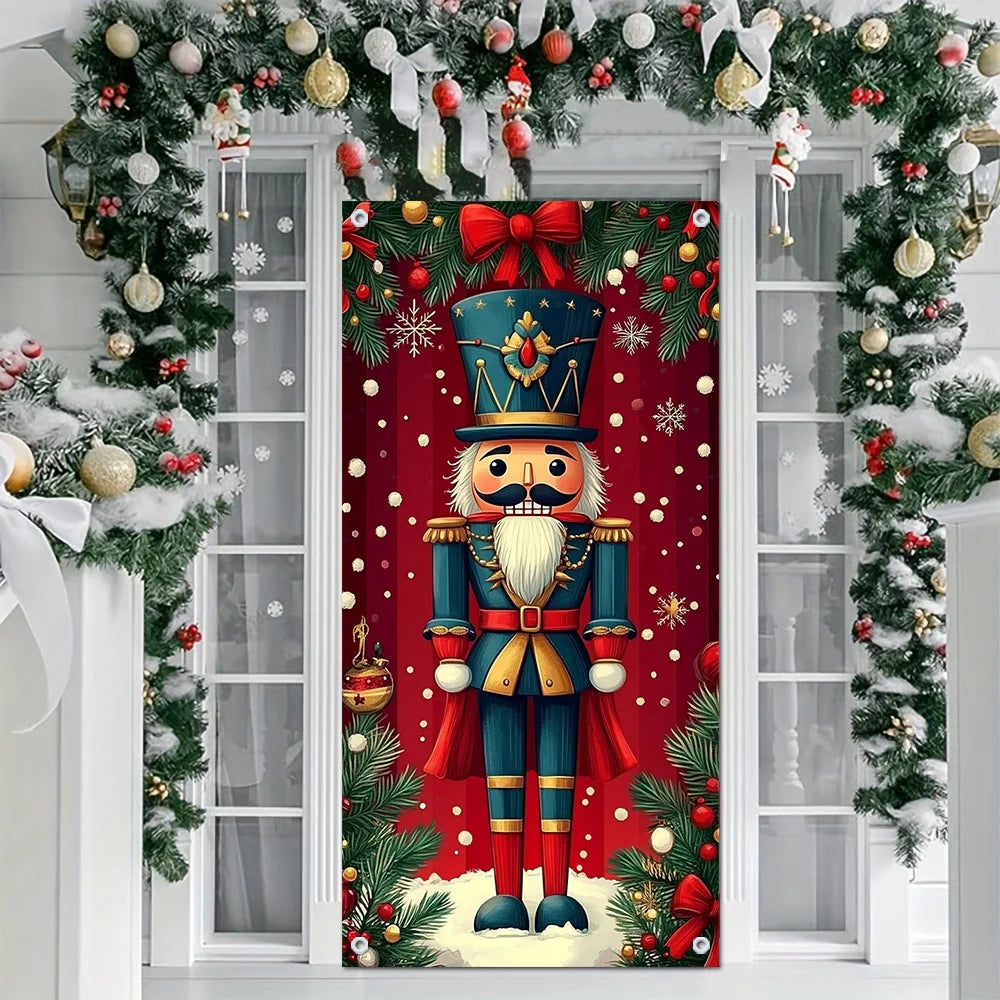 1 piece, festive walnut tongs Christmas door banner, red with gold accents, snowflake and pine tree design