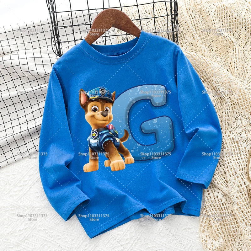 Cute PAW Patrol T-shirt Letter A-Z Print Top Long Sleeve Fashion Summer Boys Clothes Cartoon Kids Birthday Gift Outdoor Wear Tee