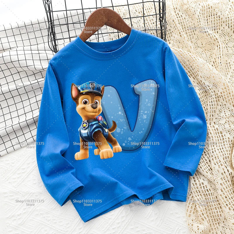 Cute PAW Patrol T-shirt Letter A-Z Print Top Long Sleeve Fashion Summer Boys Clothes Cartoon Kids Birthday Gift Outdoor Wear Tee