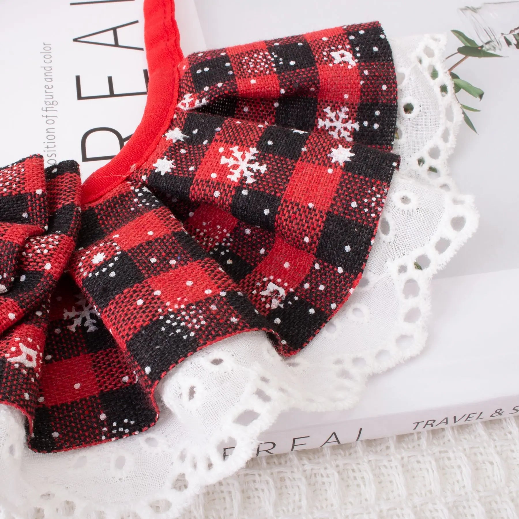 Pet Christmas Tie Bib Drool Towel Cat Dog Bell Scarf Holiday Accessory Plaid Lace Plaid Necklace Dog Accessories for Small Dogs