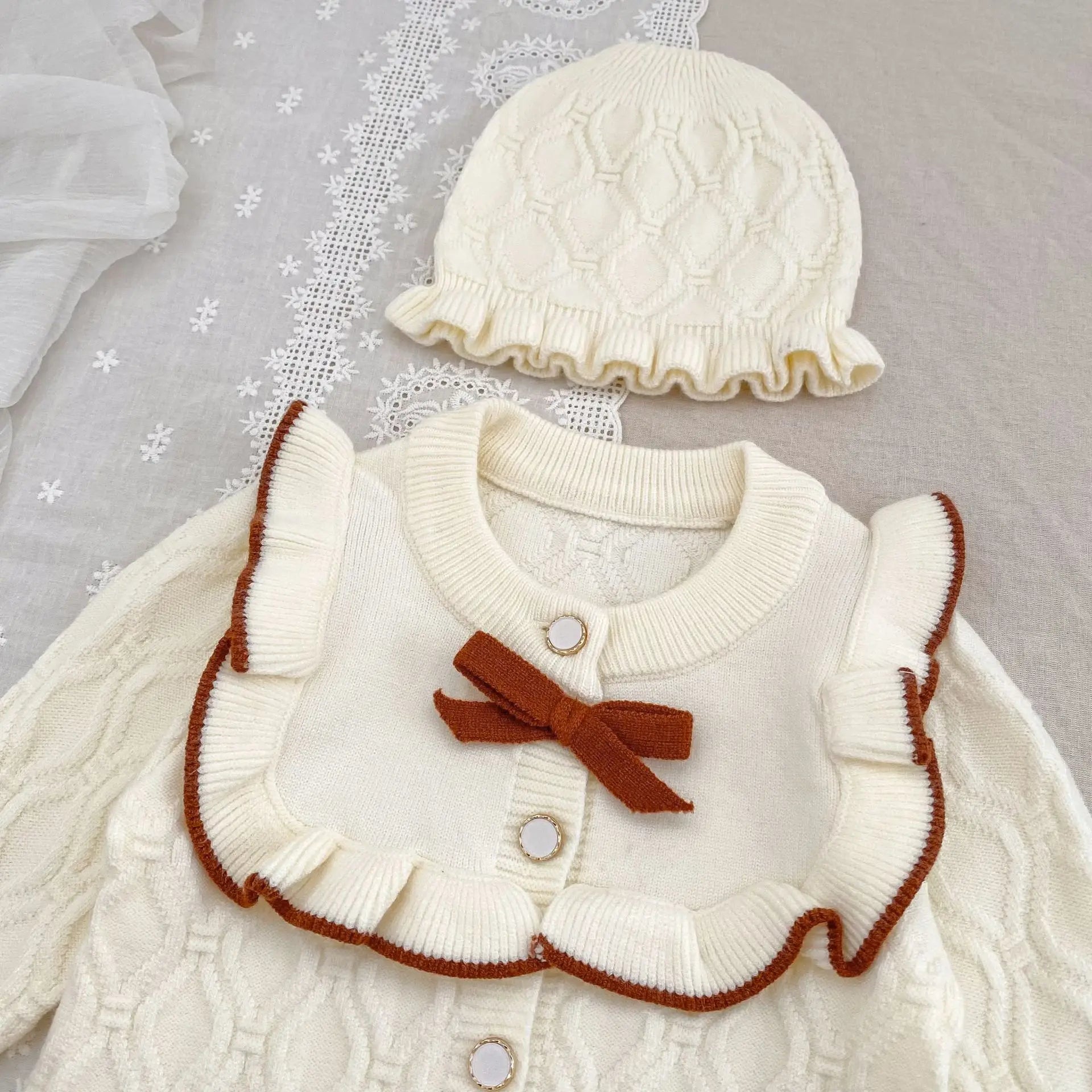 Christmas Baby Rompers Clothes Hat Autumn Winter Knitted Bow Newborn Girls Jumpsuits Fashion Solid Plain Toddler Kids Rompers