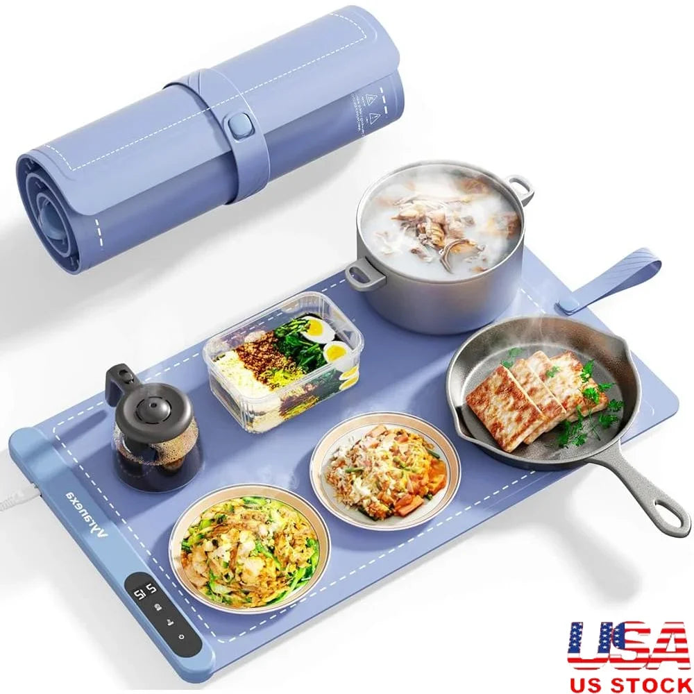 Heating Mat Full Surface Food Warmer 6-Level Temperature Control 6-Hour Timer Portable Silicone Food Warming Gadget