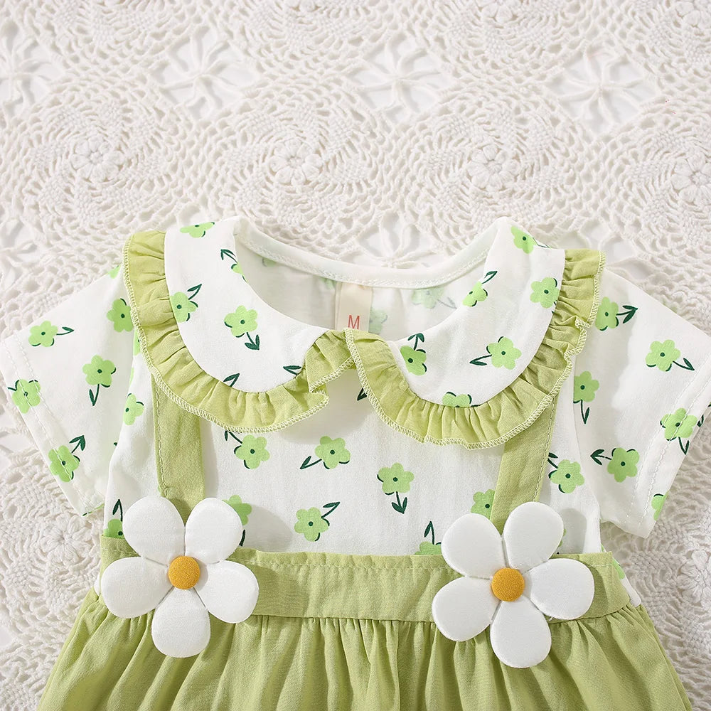 Girls' Dress Summer Floral Print Cotton Short-Sleeve Baby Girl Dress Adorable Collared Baby Dress Baby Girl Clothing