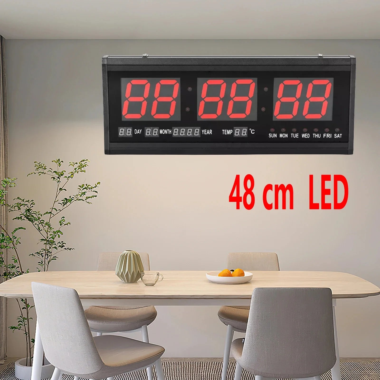 LED Digital Wall Clock 12/24h Time Date Temp Week Display Luminous Auto Wall-Mounted Clock Large Silent Tabletop Clock 48*19*3cm