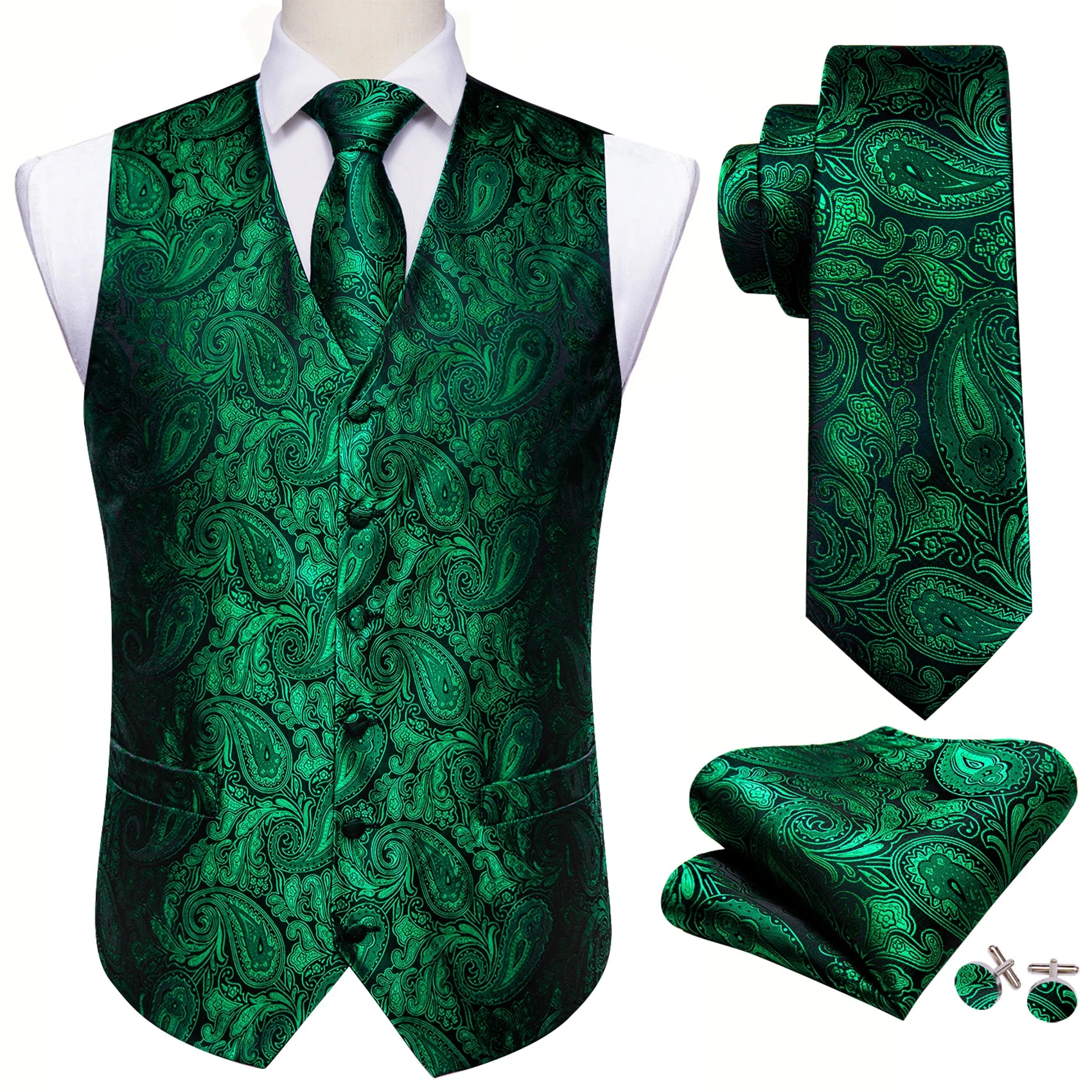 Elegant Vest for Men Silk Green Paisley Plaid Flower Slim Fit Male Suit Embroidered Waistcoat Dress Formal Jacket Barry Wang