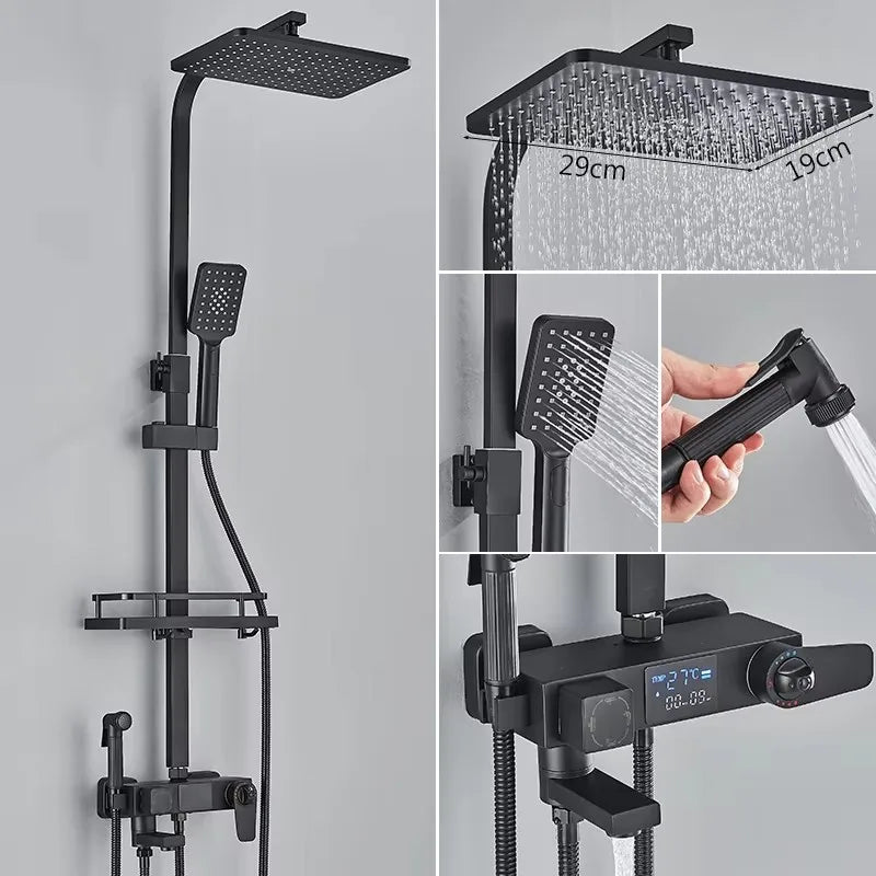 4 Ways Digital Display Shower Faucet Bathroom Thermostatic/Hot Cold Rainfall Shower Head Brass Rotate Mixers Bidet Faucet