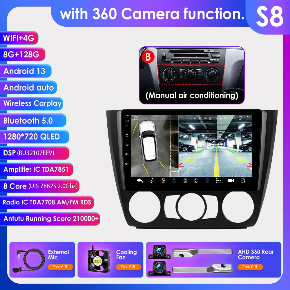 Hizpo 9inch 2Din Android13 Car Radio for BMW 1 Series E81 E82 E87 E88 AT MT Navigation GPS RDS DSP Android Auto CarPlay 360° CAM