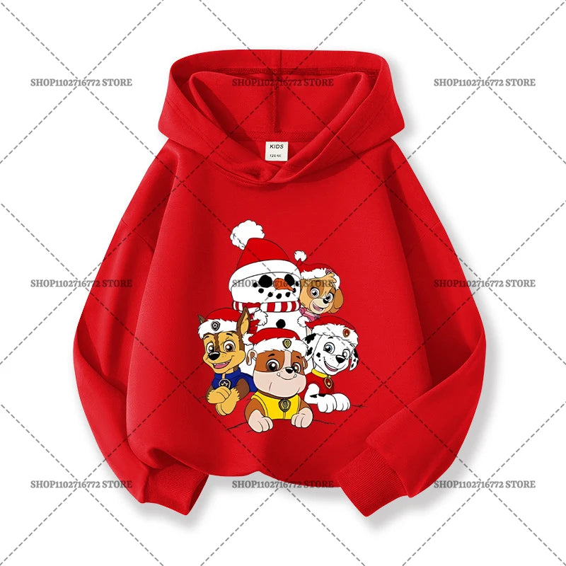 Paw Patrols Christmas Baby Hoodies Cute Anime Print Long Sleeved Child Red Top Pullover Casual Sweatshirt Kids Clothes Xmas Gift