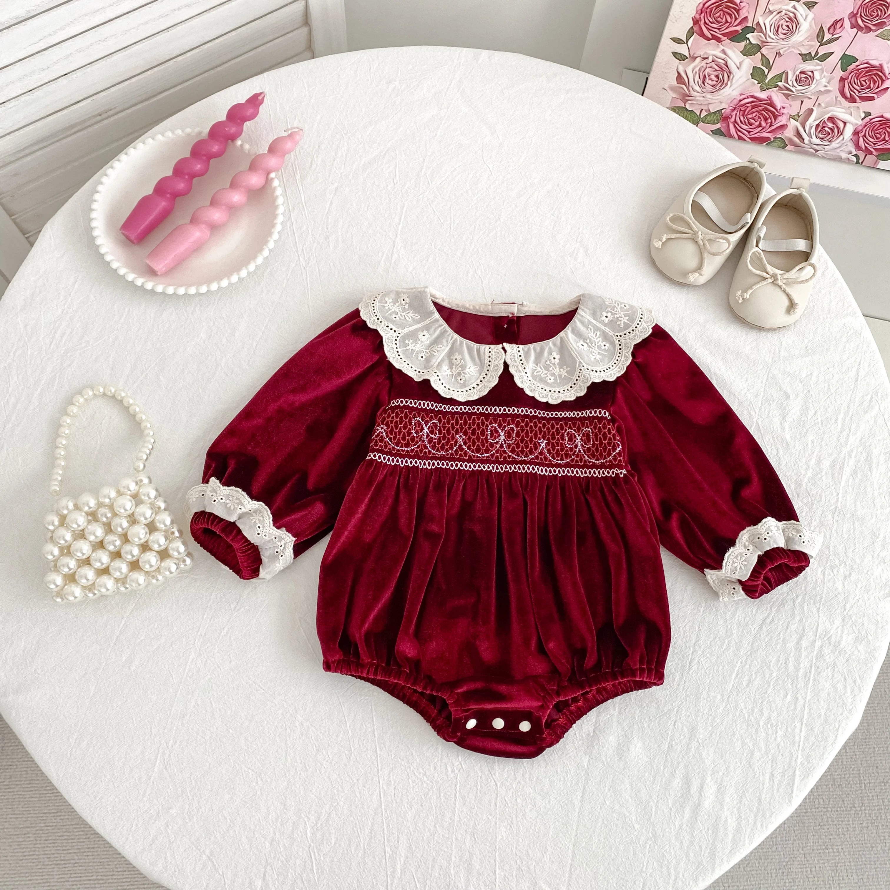 2025 Christmas 0-24M Baby Girls Jumpsuit Casual Bow Embroidered Long Sleeves Newborn Romper Christmas Party Toddler Cute Clothes