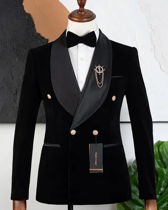 Costume de mariage double boutonnage en velours pour homme