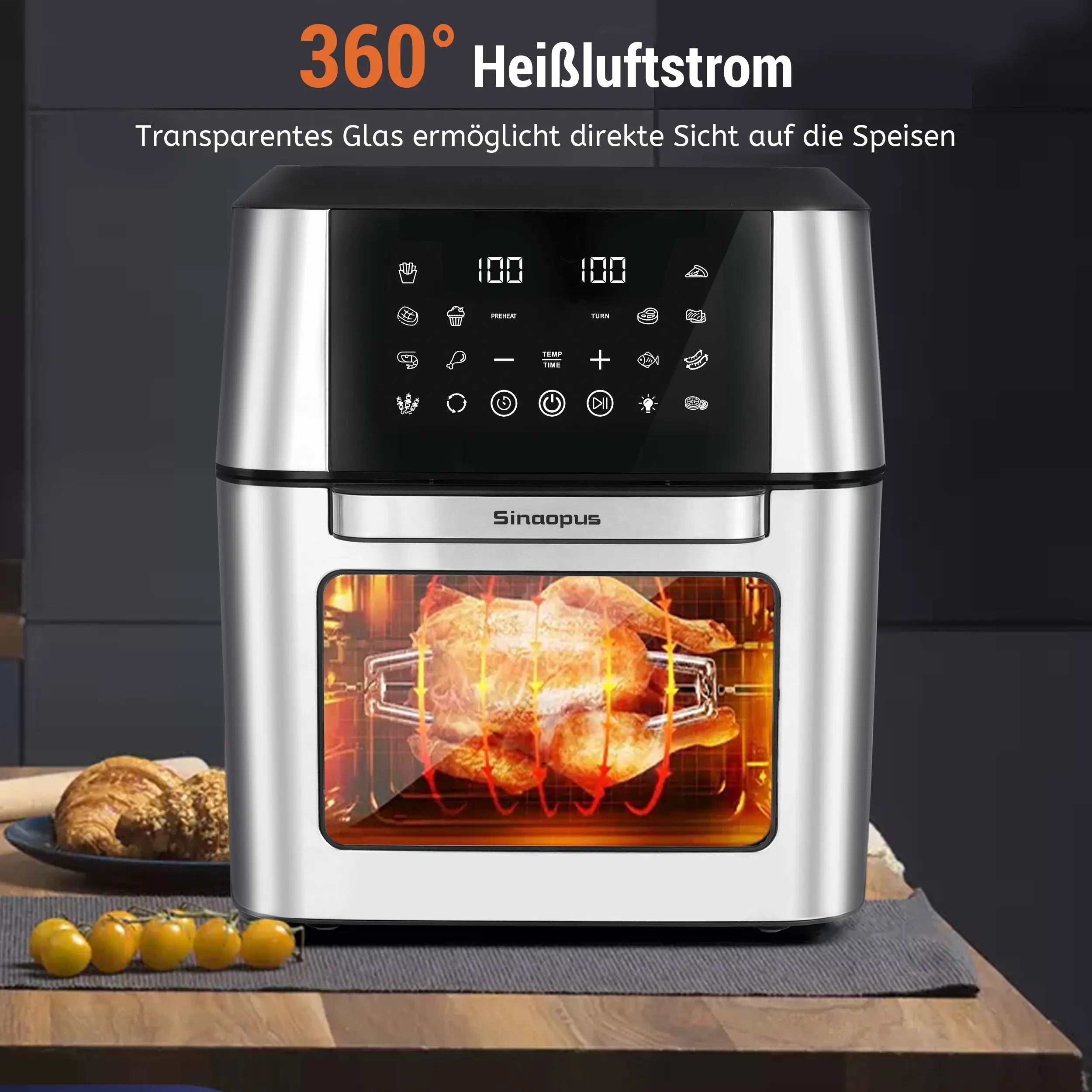 12L Air Fryer Kitchen Machine Oilless Cooker with LED Touch Control with Visible Window,Smart Hot Fryers Machine,Family Size,Top