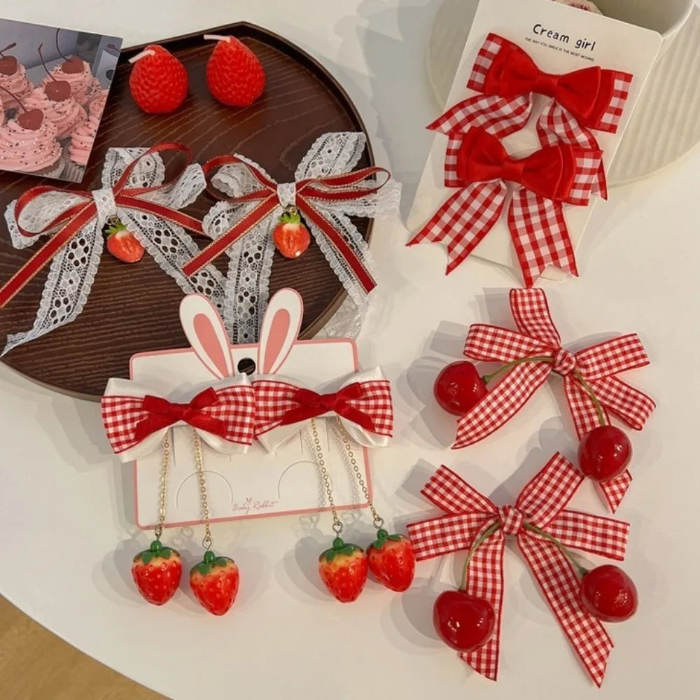 1 paire pince à cheveux cerise rouge barrettes mignonnes couvre-chefs tissu nœud fraise épingles à cheveux côté nœud fleur de tête épingles à cheveux filles