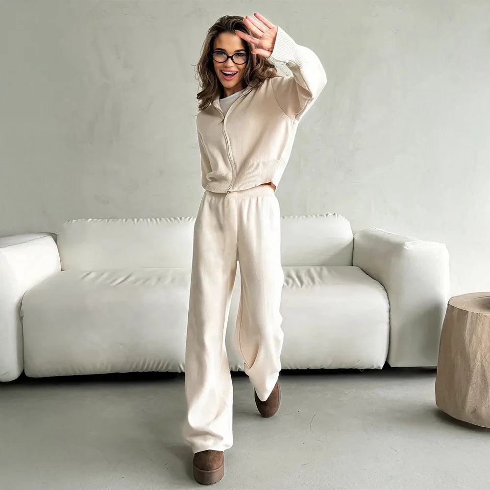 Zipper Front Knitted Long Sve Wide Leg Pants Two Piece Set for Women Autumn Winter Pure Color Faion Ensemble