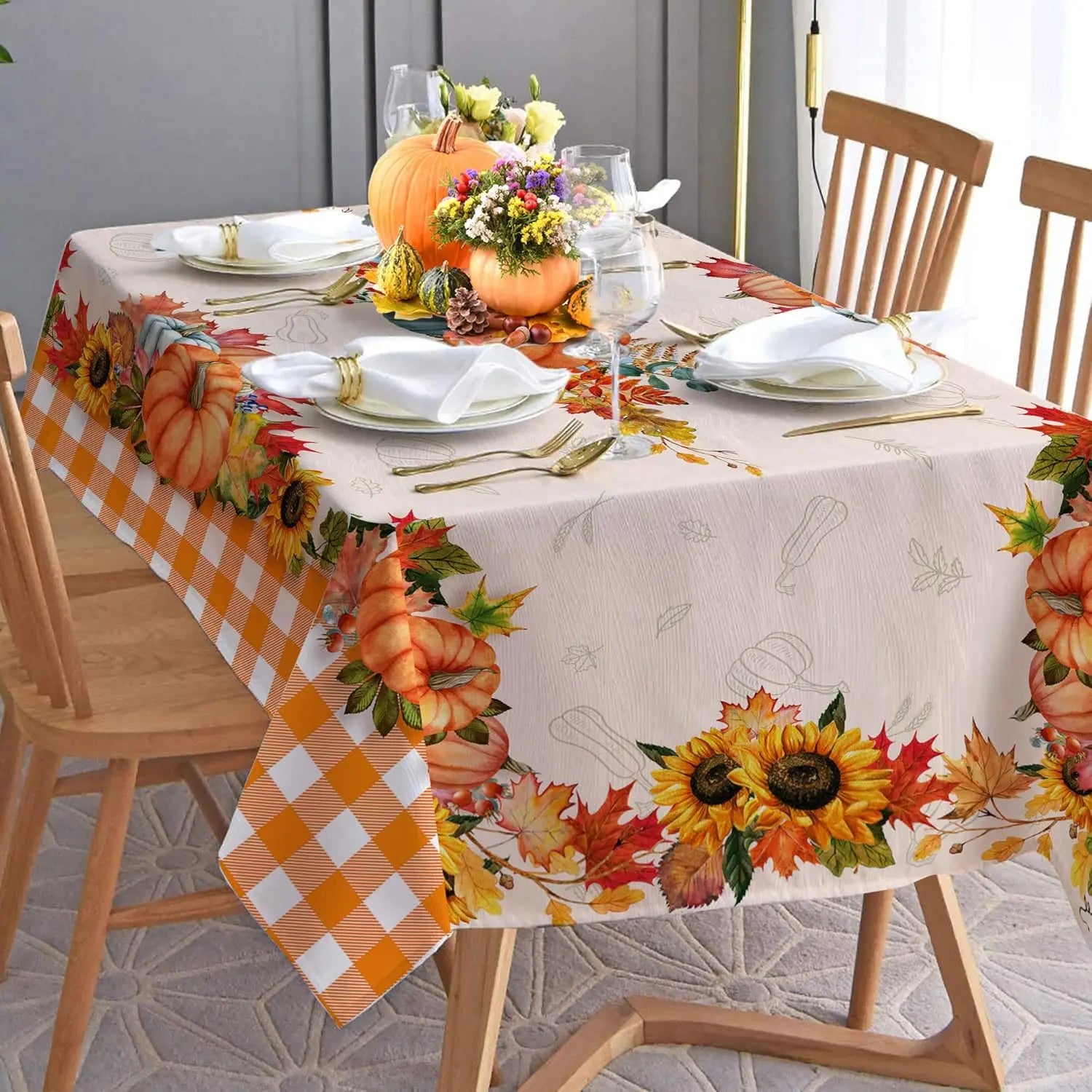 Thanksgiving Fall Pumpkins Maple Leaves Buffalo Plaid Tablecloths Autumn Orange Sunflower Table Cloth Kitchen Dining Table Decor