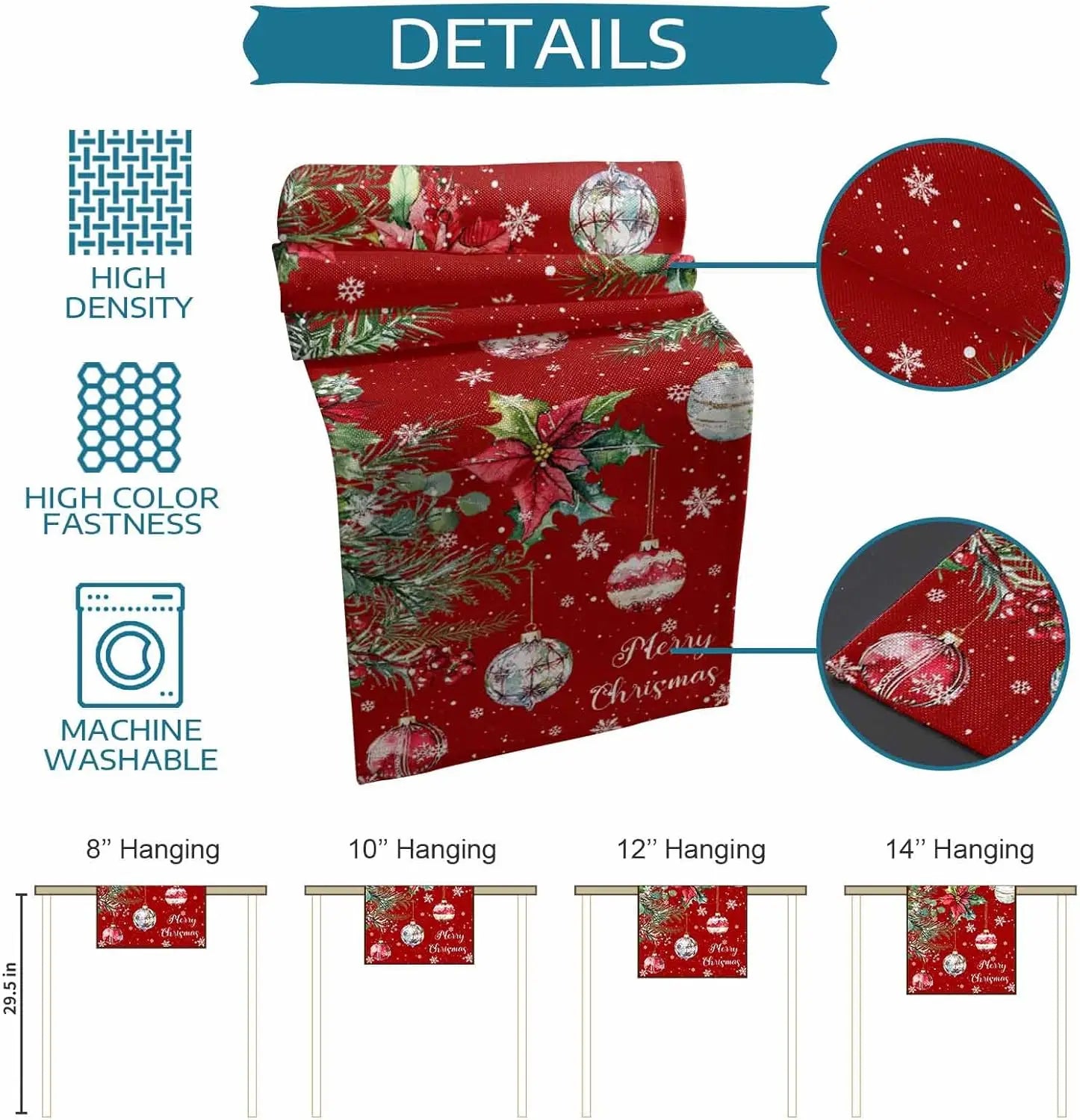 Merry Christmas Poinsettia Flower Ball Linen Table Runner Party Decor Winter Snowflake Berry Table Runners Christmas Decorations
