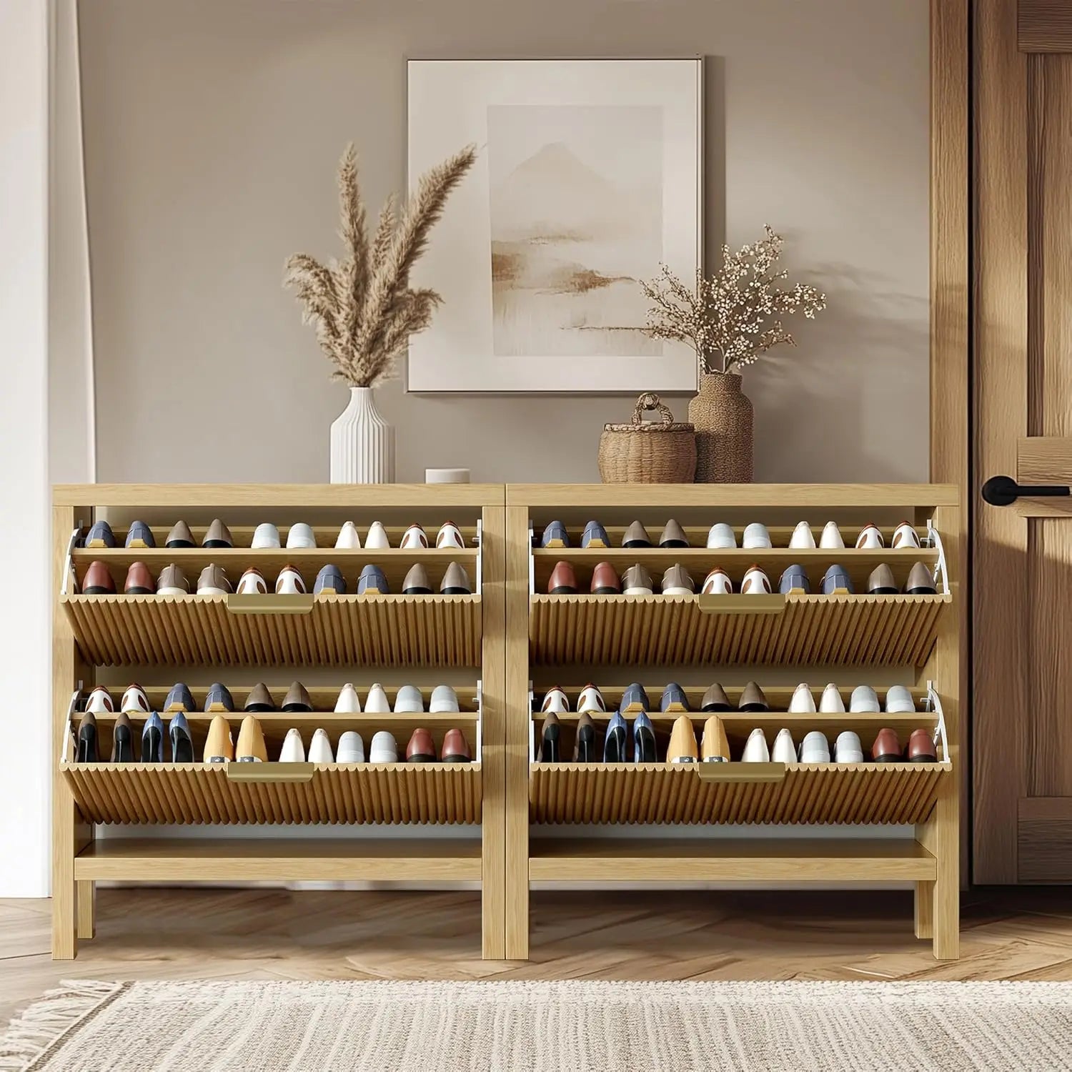 " Armoire à chaussures moderne à 2 niveaux – Conception autoportante à tiroirs rabattables, organisateur en bois de grande capacité pour l'entrée"