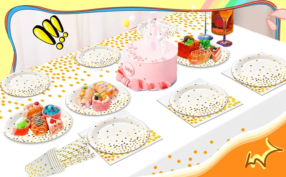 White And Gold Party Supplies 121pcs Golden Dot Disposable Party Dinnerware Set - White and Gold Party Paper Plates Cups Napkins