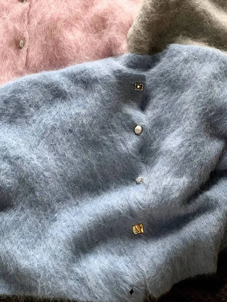 Winter Alpaca Wool Knitted Cardigan Women Soft Round Neck Single Breasted Loose Button Sweater Coat