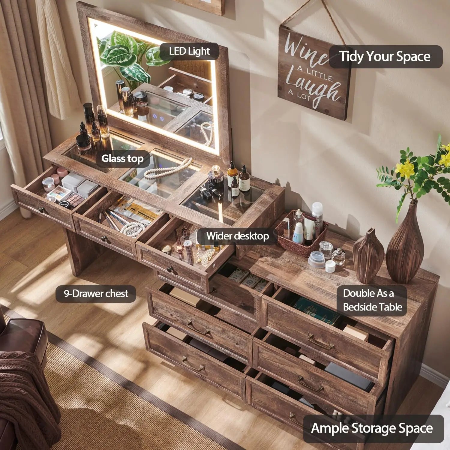 Commode de chambre en bois rustique de 69 po de largeur avec plateau en verre, 9 grands tiroirs de rangement, 3 lumières utilisables de couleur et miroir LED HD 30"