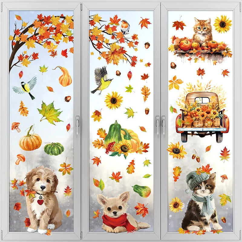 9 أوراق من ملصقات النوافذ الكهروستاتيكية لعيد الشكر في الخريف على شكل قطة وكلب وقرع وأوراق القيقب لتزيين الحائط