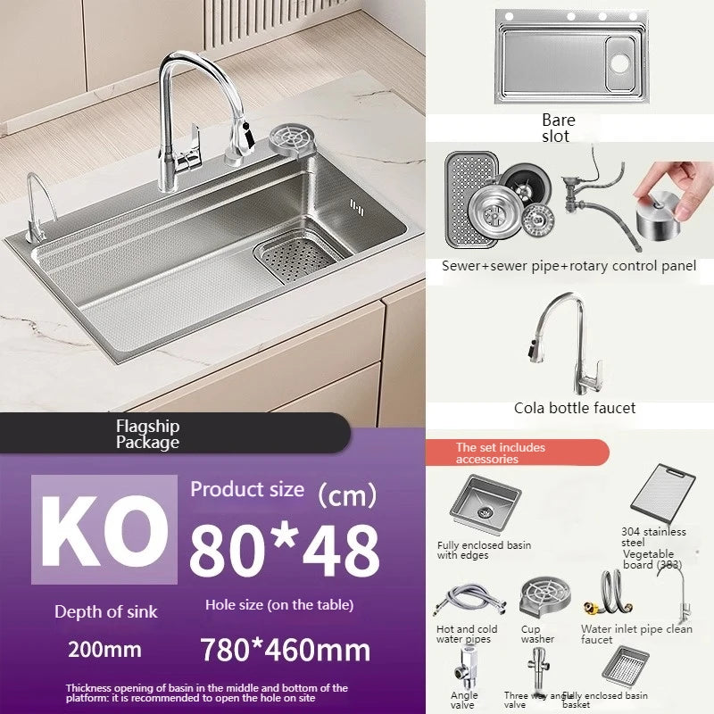 304 Stainless Steel Kitchen Sink Silver Large Single Slot Undermount Multifunction Sinks Dishwashing Basin