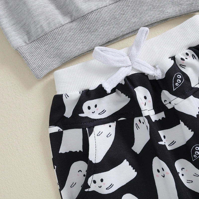 Baby Boys Halloween Tracksuit Outfits Long Sleeve Ghost Embroidery Sweatshirt + Trousers Set Toddler Fall Clothes