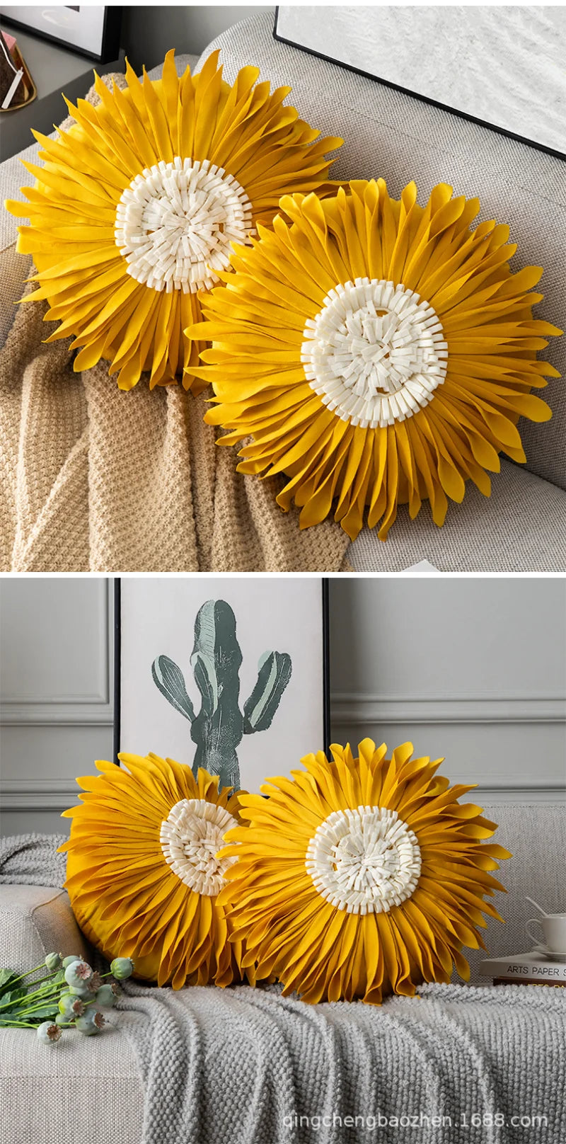 Modern Style Yellow White Throw Pillows Round  45*45 Velvet Stitching 3D Chrysanthemum Cushion Cover Waist Blue Cute Pillowcase