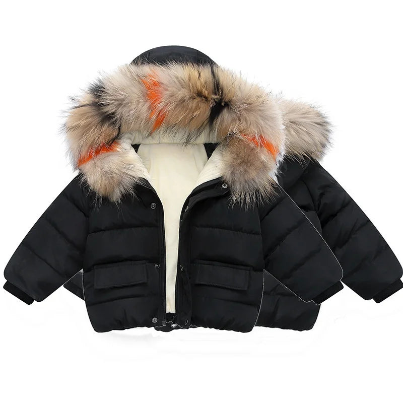 Baby Girl Boy Warm Outerwear 2023 Winter New Children Down Jacket Big Fur Collar Coat Kids Clothes Solid Thicken Girl Boy Jacket