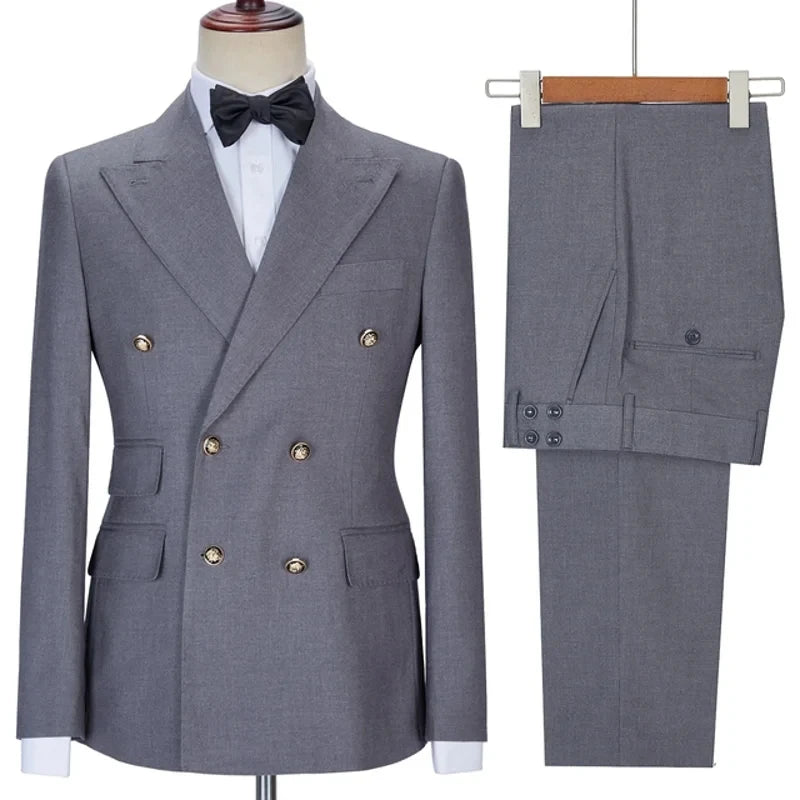 Men Suit 2 Pieces Beige Double Breasted Solid Color For Business Casual Wedding Groom Banquet Work Tuxedo Set Jacket With Pants