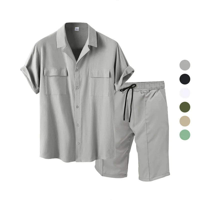 Casual Fashion Men's Suit Summer Beach Style Solid Color Men's Shirt Short Sleeve and Shorts Two-Piece Set Men's Clothing