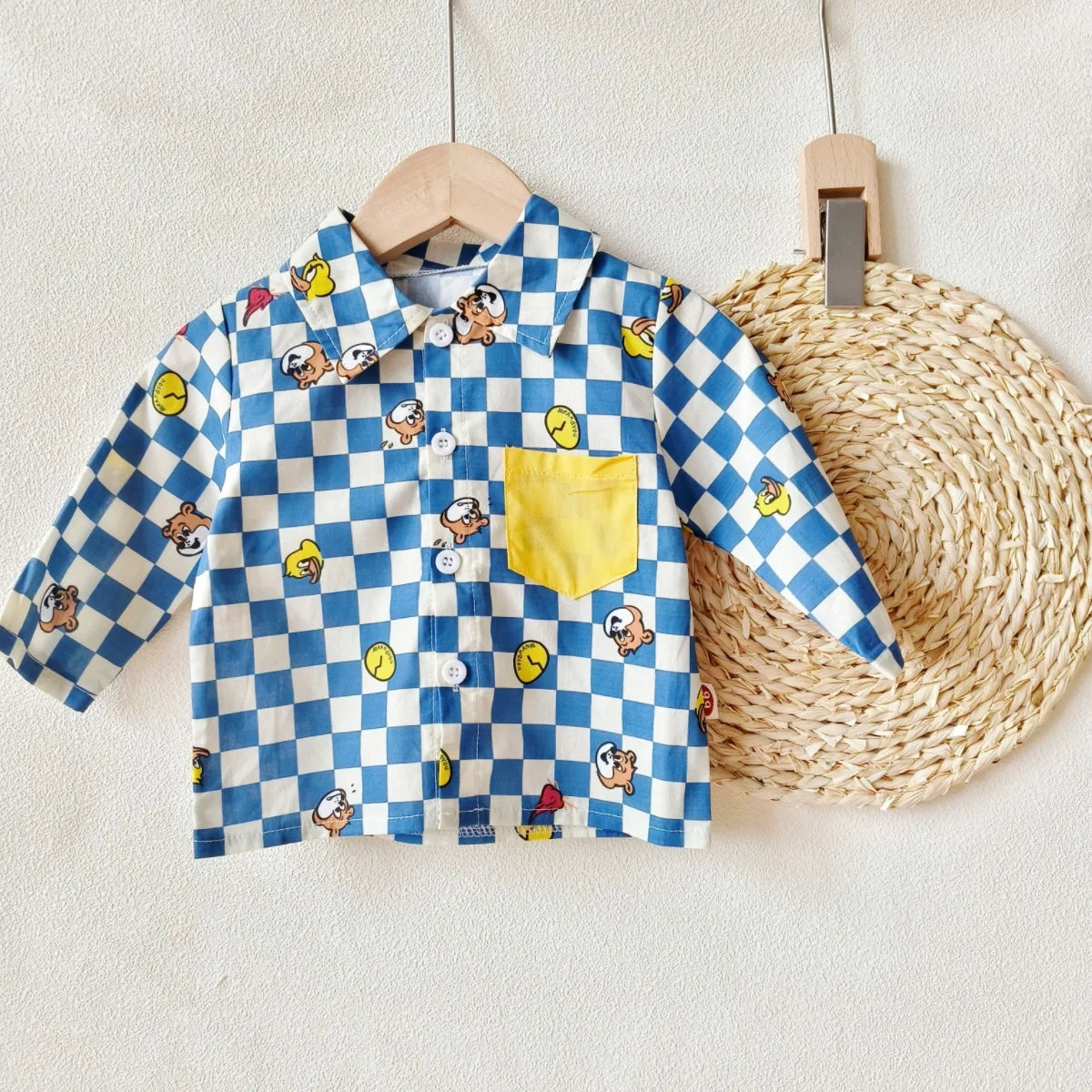 2024 Spring/Autumn New Infant Toddler Pure Cotton Grid Cartoon Printed Long Sleeve Single-Breasted Buttoned Romper