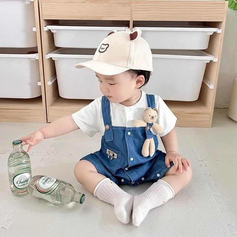 Baby Denim Overalls Romper – Thin Summer Jumpsuit with Bear Print, Cute Crawling Outfit for Boys & Girls 0-24 Months