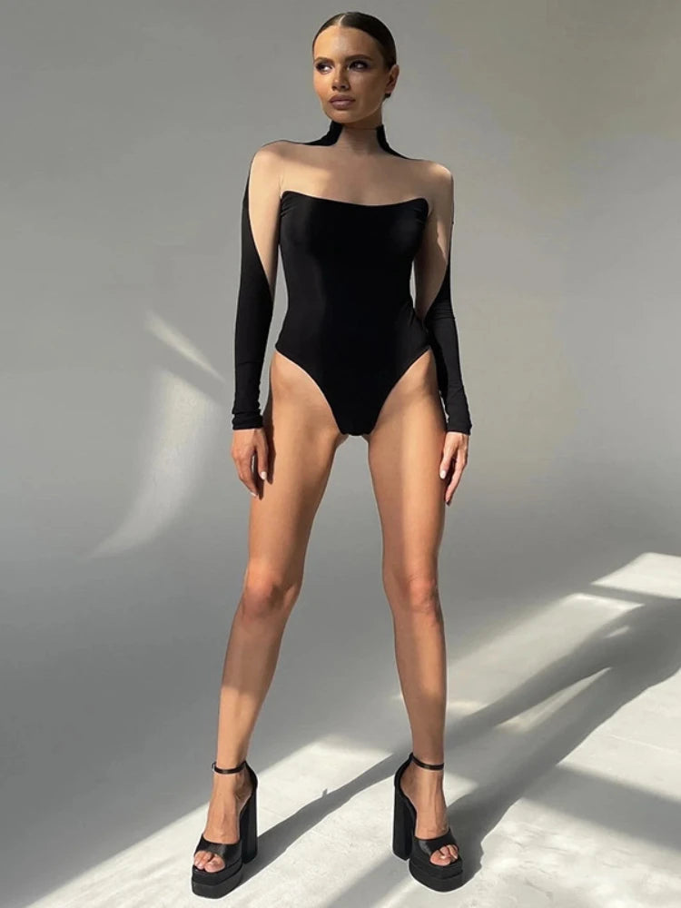 Bodysuit Women Sexy Transparent Turtleneck Festivals Outfits Mesh Top Long Sleeve Tees Sexy Woman Costume See Through Leotard