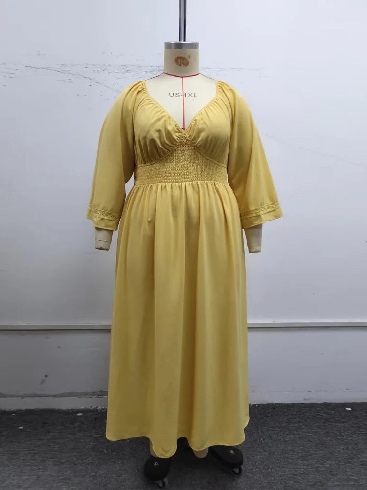 GIBSIE Plus Size Deep V-neck Sexy Long Dress Women Autumn 2025 New Solid Party Elegant High Waist Elastic A-Line Dresses