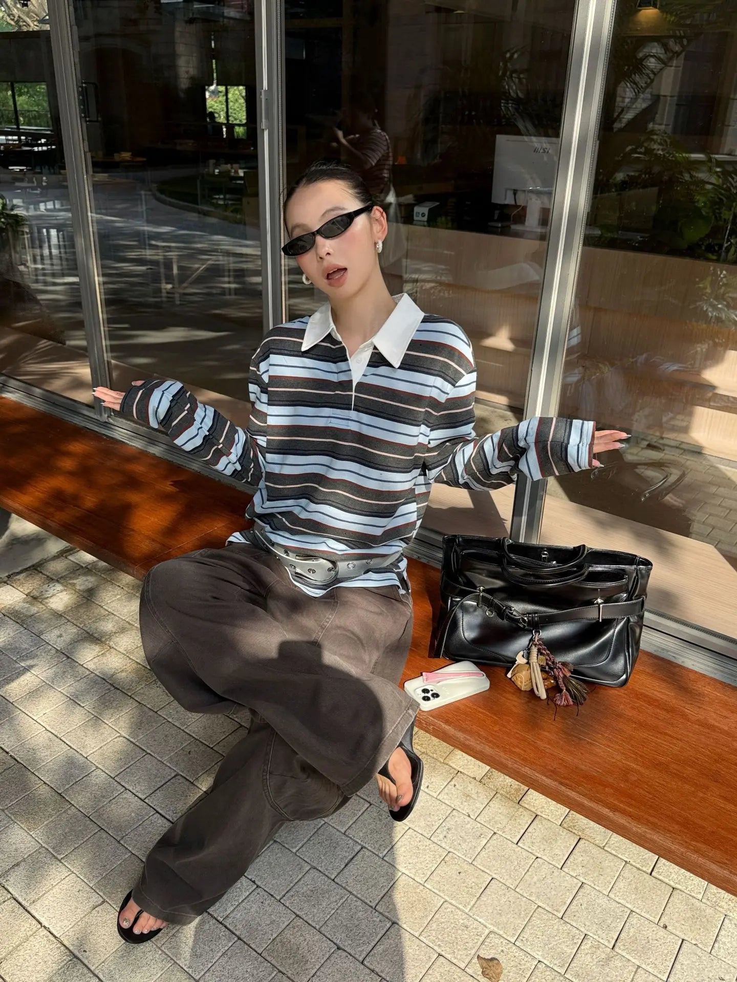 DEAT Fashion Splicing Silhouette Curved Jeans Women's High Waist Loose Wide Leg Denim Pants Autumn New 7A1005