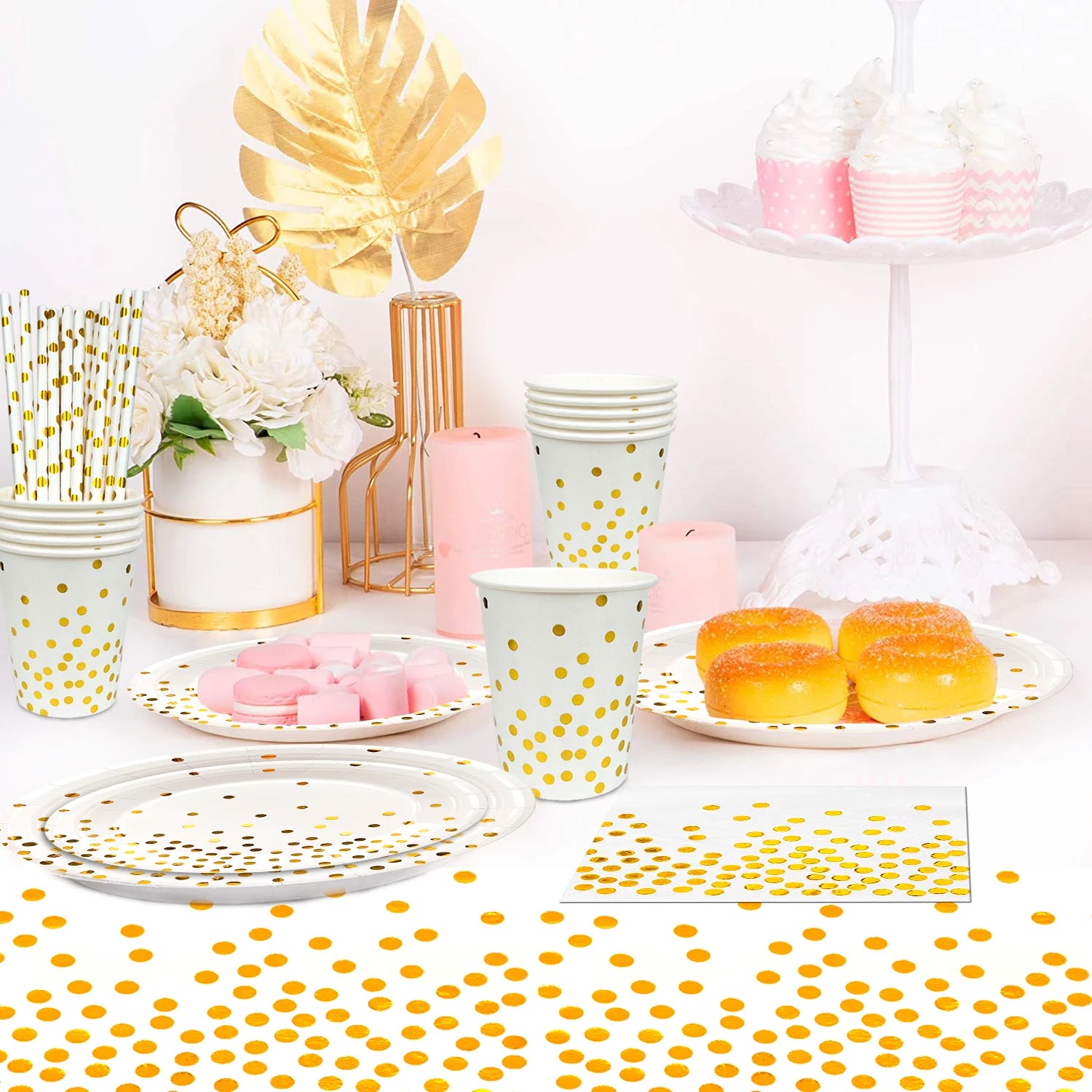 White And Gold Party Supplies 121pcs Golden Dot Disposable Party Dinnerware Set - White and Gold Party Paper Plates Cups Napkins