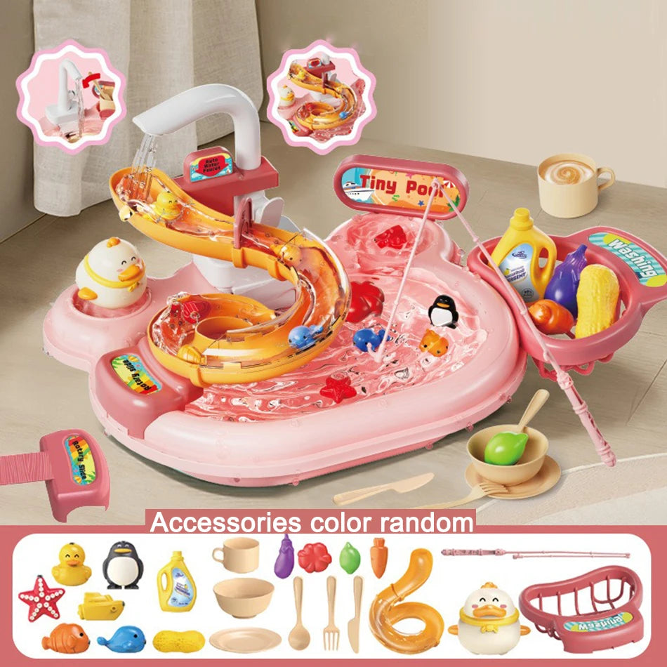 Kids Kitchen Sink Toys Electric Dishwasher Playing Toy With Running Water Pretend Play Food Fishing Toy Role Playing Girls Gift