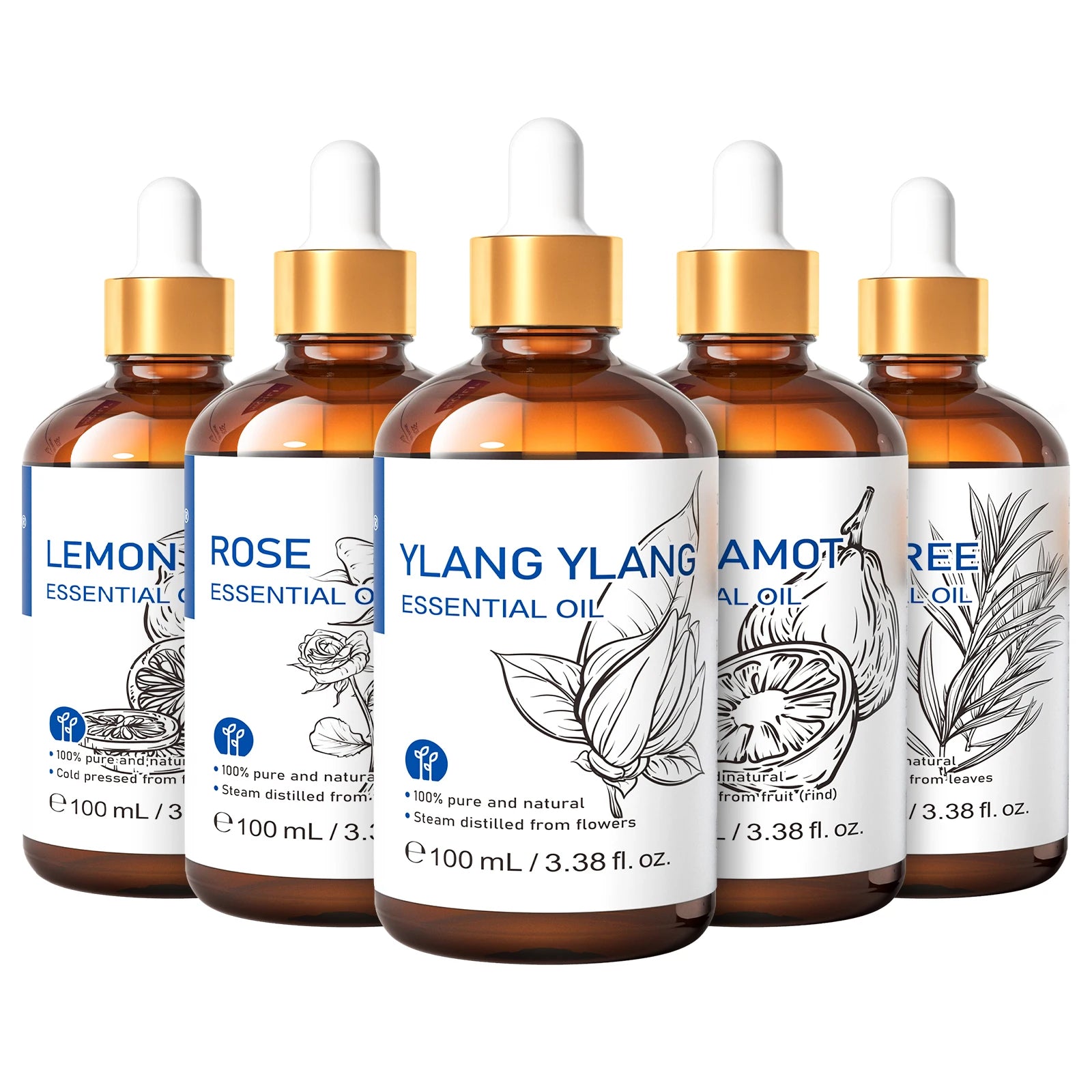 HIQILI Ylang-Ylang Essential Oil 100ML Citronella Geranium 100% Natural Tree Oil for Skin Massage Stress Relief & Aromatherapy